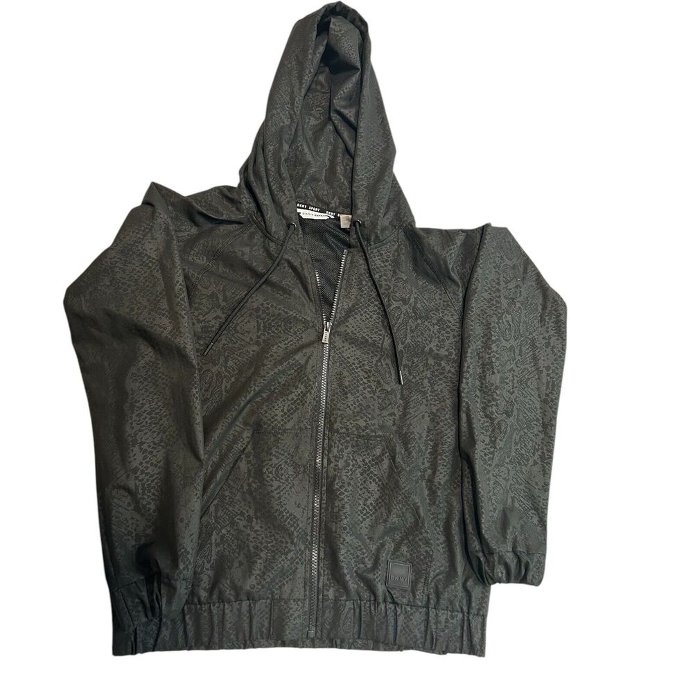 DKNY Sport Hooded Zip Jacket Black Snakeskin Print Mesh Lined XS Athleisure - Picture 2 of 10
